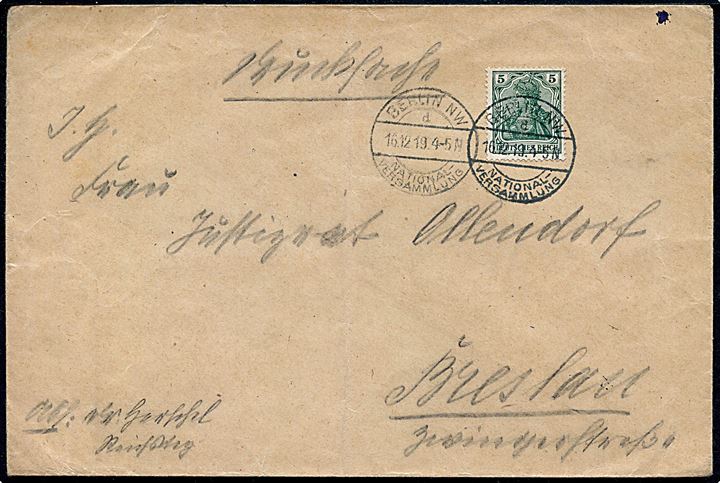 5 pfg. Germania single på tryksag annulleret Berlin NW National-Versammlung d. 16.12.1919 til Breslau. Brugsbrev.