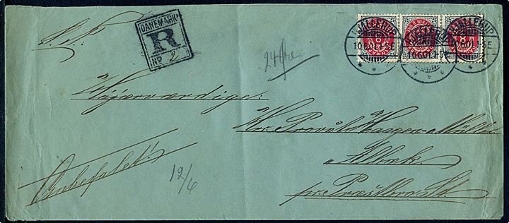 8 øre Tofarvet omv. rm. i vandret 3-stribe på anbefalet brev fra Klokkerholm skole stemplet i Hjallerup d. 10.6.1901 til Albæk pr. Præstbro St.