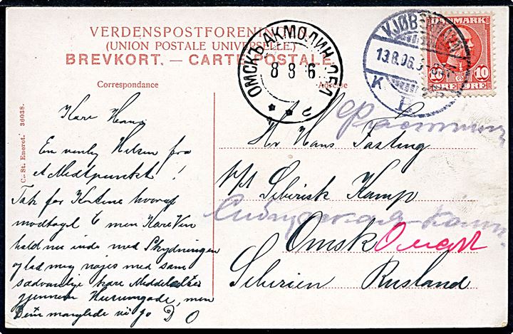 10 øre Chr. IX på brevkort fra Kjøbenhavn d. 13.8.1906 til dansker i Sibirisk Kompagni i Omsk, Sibirien, Rusland.