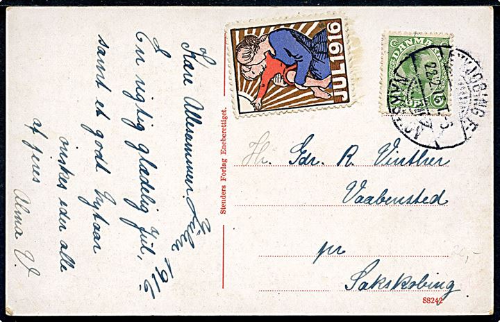5 øre Chr. X og Julemærke 1916 på brevkort annulleret med bureaustempel Nykjøbing F. - Nakskov T.6 d. 22.12.1916 til Vaabensted pr. Sakskøbing.