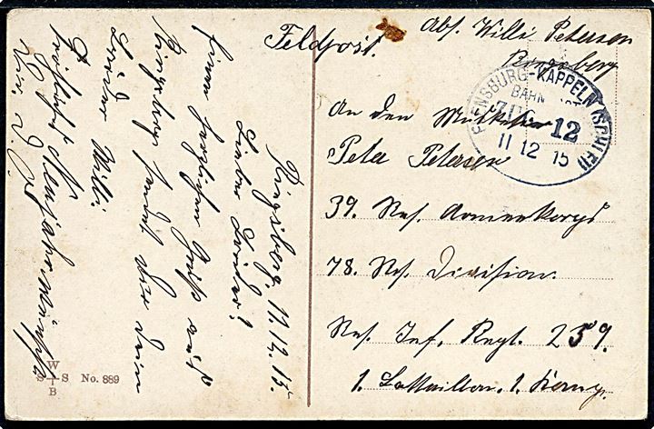 Ufrankeret feltpostkort fra Ringsberg med bureustempel Flensburg - Kappeln (Schlei.) Bahnpost Zug 12 d. 11.12.1915 til soldat ved Res. Inf. Regt. 259.