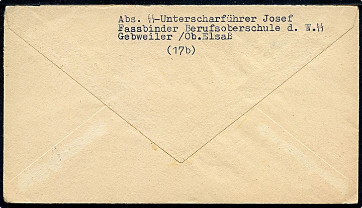 Ufrankeret SS-Feldpostbrev stemplet Gebweiler (Els.) d. 18.3.1944 til Lindholm, Kr. Süd-Tondern, Tyskland. Sendt fra SS-Unterscharführer ved Berufsoberschule d. Waffen-SS i Gebweiler. Tydeligt briefstempel.