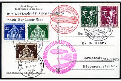 Velgørenheds udg. på luftpost brevkort (Luftskib Graf Zeppelin) påskrevet Mit Luftschiff Hindenburg nach Nordamerika stemplet Flug- und Luftschiffhafen Rhein-Main d. 16.8.1936 via New York d. 19.8.1936 til Darmstadt, Tyskland. Rødt flyvningsstempel: Deutsche Luftpost Europa-Nordamerika.