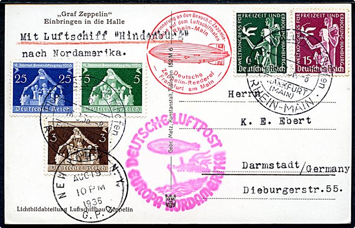Velgørenheds udg. på luftpost brevkort (Luftskib Graf Zeppelin) påskrevet Mit Luftschiff Hindenburg nach Nordamerika stemplet Flug- und Luftschiffhafen Rhein-Main d. 16.8.1936 via New York d. 19.8.1936 til Darmstadt, Tyskland. Rødt flyvningsstempel: Deutsche Luftpost Europa-Nordamerika.