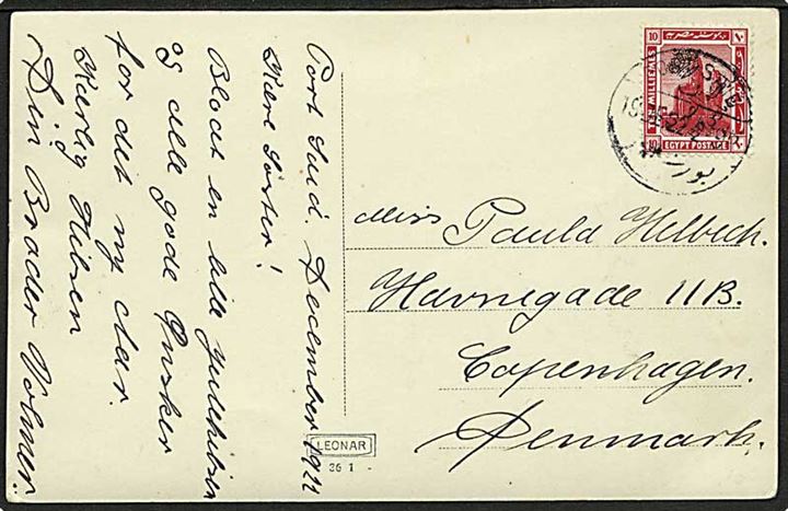 10 mills Provisorium på brevkort fra Port Said d. 19.12.1922 til København, Danmark.