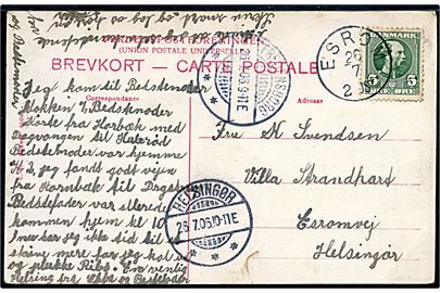 5 øre Chr. IX på brevkort (Dronningen af Norge) annulleret med lapidar Esrom d. 26.7.1906 via Fredensborg til Helsingør.
