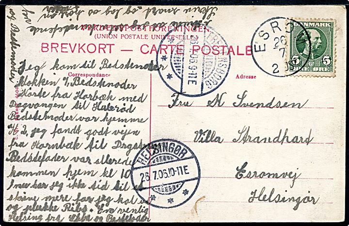 5 øre Chr. IX på brevkort (Dronningen af Norge) annulleret med lapidar Esrom d. 26.7.1906 via Fredensborg til Helsingør.