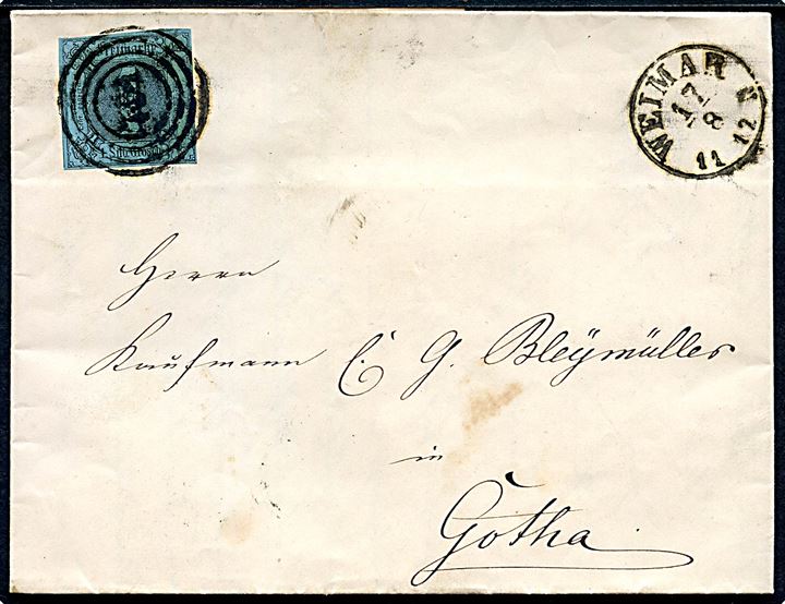 1 sgr. single på brev annulleret med nr.stempel 251 og sidestemplet Weimar d. 17.8.1955 til Gotha.