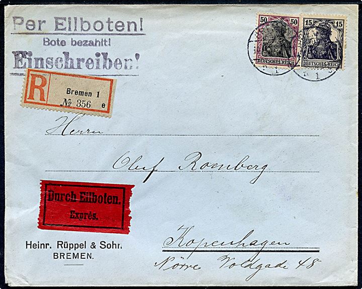15 pfg. og 50 pfg. Germania på anbefalet ekspresbrev fra Bremen d. 14.3.1916 til København, Danmark. På bagsiden lokalt censurstempel fra Bremen. 