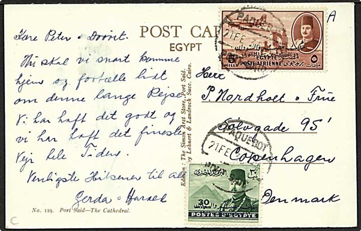 5 mills og 30 mills Provisorium på brevkort stemplet Paquebot Port Said d. 21.2.1953 til København, Danmark.