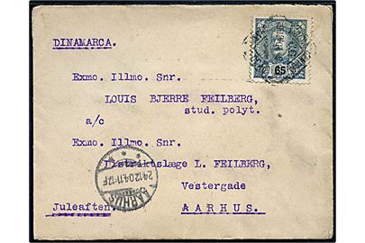 65 reis Kong Carlos single på brev fra Lissabon d. 13.12.1904 til Aarhus, Danmark. Påskrevet Juleaften og ank.stemplet i Aarhus d. 24,12,1904.