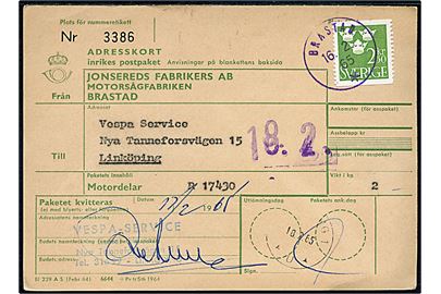 2,50 kr. Tre Kroner på adressekort for indenrigs postpakke annulleret med violet stempel Brastad d. 16.2.1965 til Linköping.