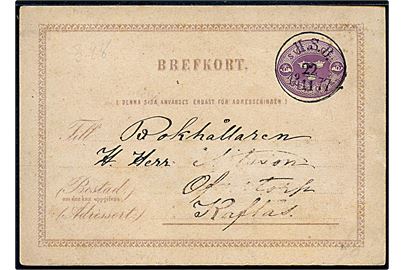 6 öre helsagsbrevkort fra Wreten annulleret med bureaustempel H.S.B. (= Hjo - Stenstorp Banan) d. 22.11.1877 til Ofvertorp.