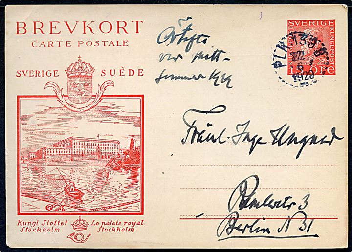 15 öre Gustaf illustreret helsagsbrevkort annulleret med bureaustempel PLK 139B (= Nässjö-Malmö) d. 22.6.1929 til berlin, Tyskland. Mic. 75 Euro.