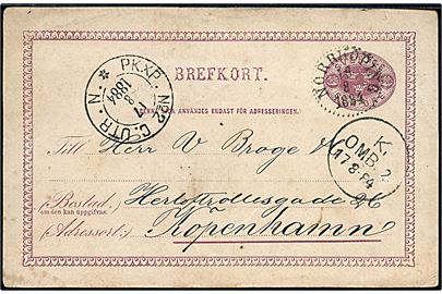 6 öre helsagsbrevkort fra Nörrköping d. 16.8.1884 via bureau PKXP No. 2 C. UTR. til Kjøbenhavn, Danmark.