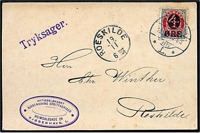 4/8 øre Provisorium single på tryksag-kort fra Kjøbenhavns Spritfabriker i Kjøbenhavn d. 17.11.1904 til Roskilde.