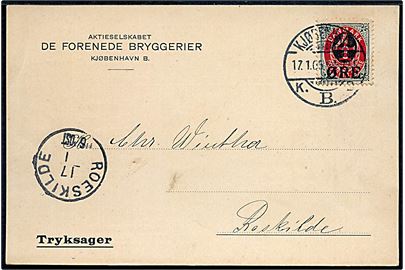 4/8 øre Provisorium single på tryksag-kort fra De forenede Bryggerier i Kjøbenhavn d. 17.1.1905 til Roskilde.
