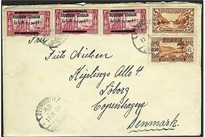 1 p. Provisorium i 3-stribe, 0,50 p. og 4 p. på brev Beyrouth d. 17.5.1932 til Søborg, Danmark