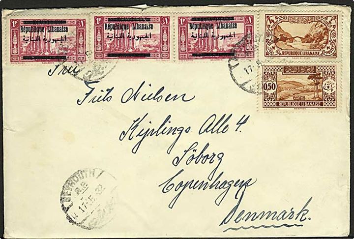 1 p. Provisorium i 3-stribe, 0,50 p. og 4 p. på brev Beyrouth d. 17.5.1932 til Søborg, Danmark