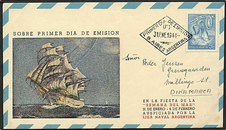 5 c. Søfart på illustreret FDC fra Buenos Aires d. 31.1.1944 til Millinge, Danmark. Uden censur.