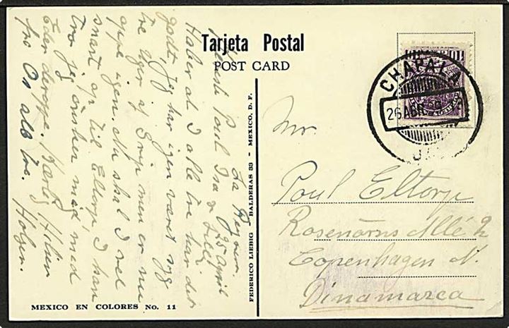 10 c. på brevkort fra Chapala d. 26.4.1939 til København, Danmark.