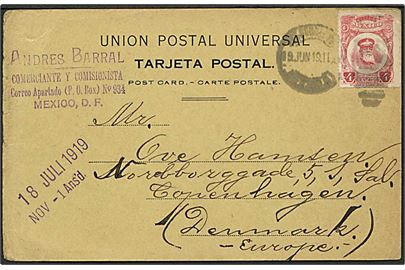 4 c. på brevkort fra Mexico d. 19.6.1919 til København, Danmark.