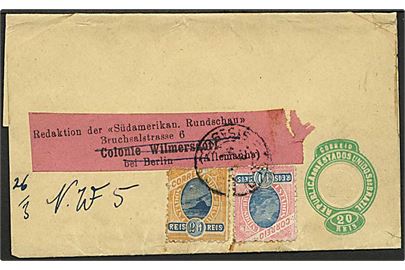 20 r. helsagskorsbånd opfrankeret med 10 r. og 20 r. fra Rio de Janeiro til Berlin, Tyskland - eftersendt til Chemnitz.
