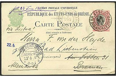 100 R. helsagsbrevkort fra Bahia d. 3.6.1907 til Bad Liebstein, Tyskland. Påskrevet: via Lisbon.