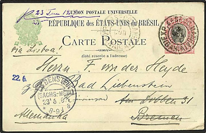 100 R. helsagsbrevkort fra Bahia d. 3.6.1907 til Bad Liebstein, Tyskland. Påskrevet: via Lisbon.