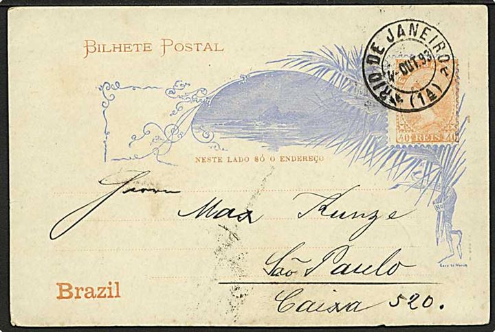 40 Reis helsagsbrevkort fra Rio de Janeiro d. 4.10.1893 til Sao Paulo.