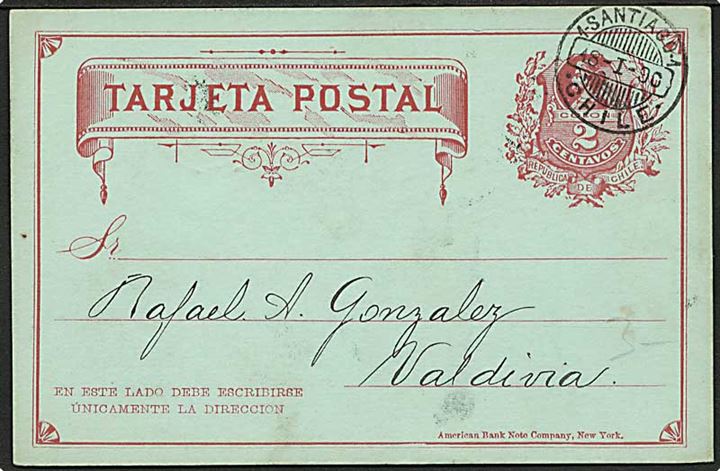 2 c. helsagsbrevkort fra Santiago d. 18.1.1890 til Valparadiso.