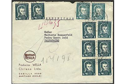 $1 (10) på anbefalet brev fra Santiago d. 15.9.1955 til Valparadiso.