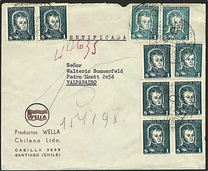 $1 (10) på anbefalet brev fra Santiago d. 15.9.1955 til Valparadiso.