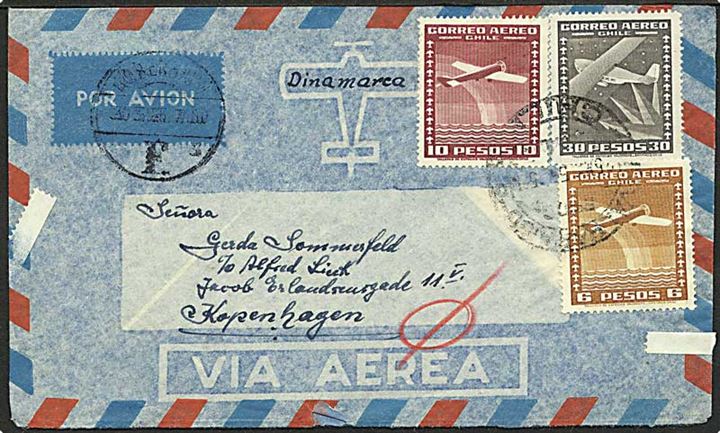 46 p. blandingsfrankeret luftpostbrev fra Valparadiso d. 25.5.1956 via Frankfurt til København, Danmark.