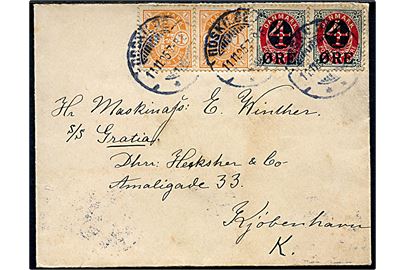 1 øre Våben (par) og 4/8 øre Provisorium (par) på brev fra Roskilde d. 11.11.1905 til sømand ombord på S/S Gratia via agent i København. 