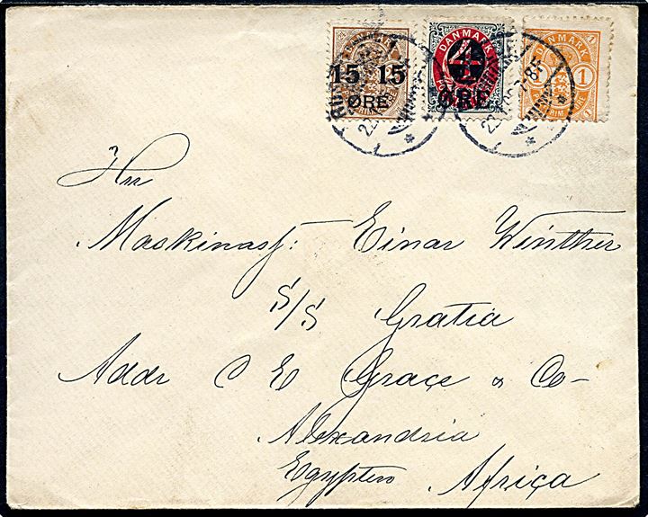 1 øre Våben, 4/8 øre og 15/24 øre Provisorium på brev fra Roskilde d. 22.1.1905 til sømand ombord på S/S Gratia i Alexandria, Egypten.