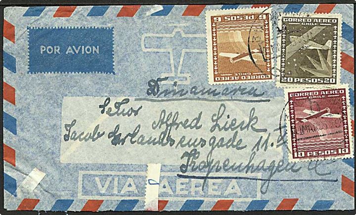 46 p. blandingsfrankeret luftpostbrev fra Valparadiso d. 11.3.1955 til København, Danmark.