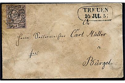 1 Ngr. Johann 1 utakket på brev annulleret med nr.stempel 106 og sidestemplet Treuen d. 16.7.1857 via Gera og Weimar til Bürgel.