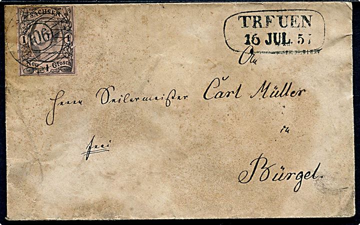 1 Ngr. Johann 1 utakket på brev annulleret med nr.stempel 106 og sidestemplet Treuen d. 16.7.1857 via Gera og Weimar til Bürgel.