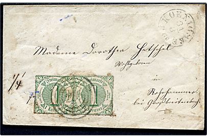 1 kr. Ciffer utakket (2) på brev annulleret med nr.stempel 285 og sidestemplet Königsee d. 31.3.1860 til Grossenbreitenbach.