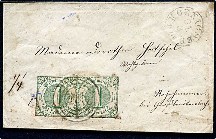 1 kr. Ciffer utakket (2) på brev annulleret med nr.stempel 285 og sidestemplet Königsee d. 31.3.1860 til Grossenbreitenbach.