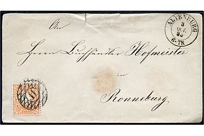 ½ Ngr. Våben single på brev annulleret med nr.stempel 11 og sidestemplet Altenburg d. 3.10.1863 til Ronneburg. Rift i overkanten.