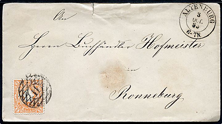 ½ Ngr. Våben single på brev annulleret med nr.stempel 11 og sidestemplet Altenburg d. 3.10.1863 til Ronneburg. Rift i overkanten.
