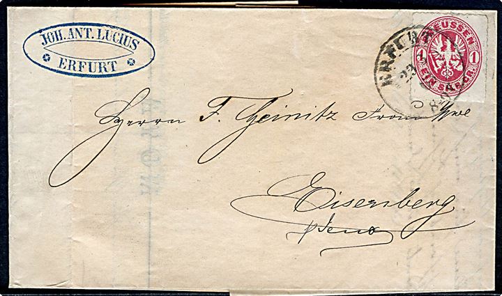 1 Sgr. Våben stukken kant på brev fra Erfurt d. 29.3.1863 til Eisenberg.
