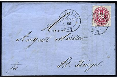 1 Sgr. Våben stukken kant på brev fra Erfurt d. 27.11.1866 via Jena til St. Bürgel.