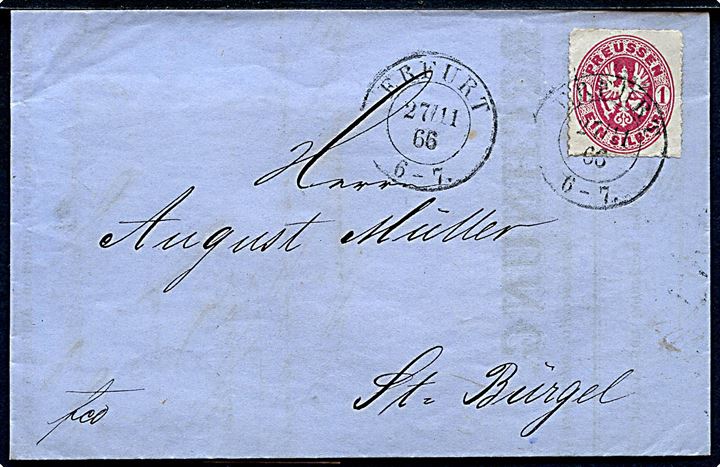 1 Sgr. Våben stukken kant på brev fra Erfurt d. 27.11.1866 via Jena til St. Bürgel.