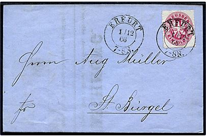 1 Sgr. Våben stukken kant på brev fra Erfurt d. 1.12.1866 via Jena til St. Bürgel.