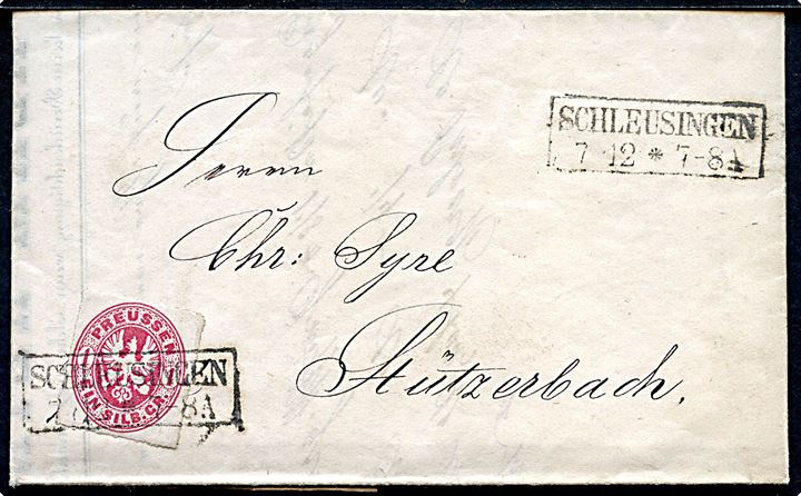 1 Sgr. Våben stukken kant på brev fra Friedrichswerk annulleret med rammestempel Schleusingen d. 7.12.1867 til Stützerbach.