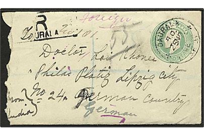 ½ As. Edward VII helsagskuvert opfrankeret med ½d As., 2 As. (2) Edward VII og sendt anbefalet fra Daurala d. 25.11.1906 til Leipzig, Tyskland.