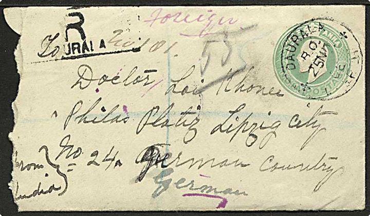 ½ As. Edward VII helsagskuvert opfrankeret med ½d As., 2 As. (2) Edward VII og sendt anbefalet fra Daurala d. 25.11.1906 til Leipzig, Tyskland.